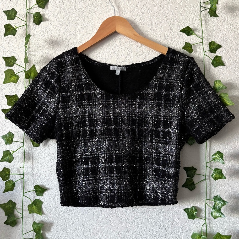 Charlotte Russe Women’s/Juniors Silver and Black Plaid Sequin Crop Top Size L